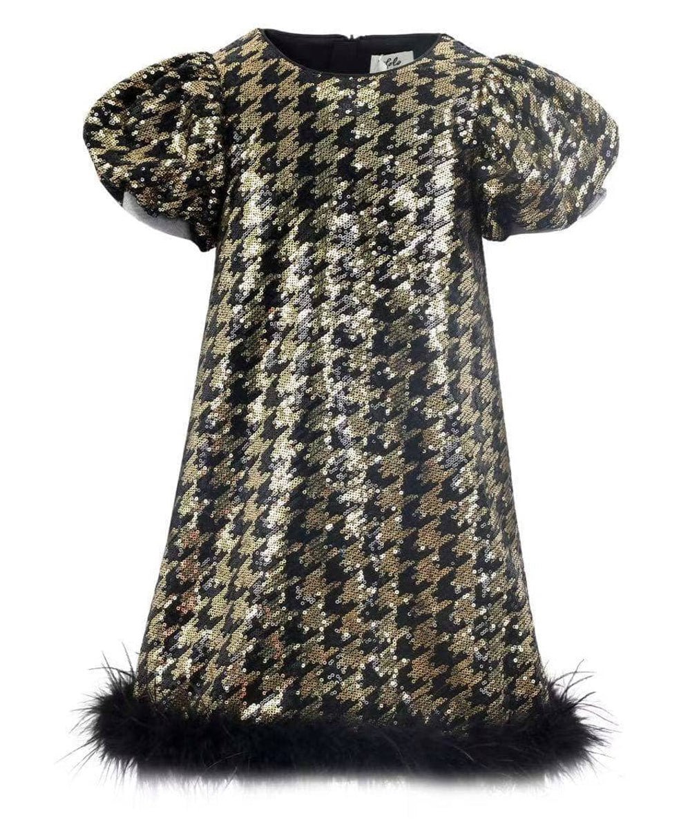 Lola and the Boys Tween Starlet Houndstooth Dress, gold and black sequins with feather trim - CAKEWISH