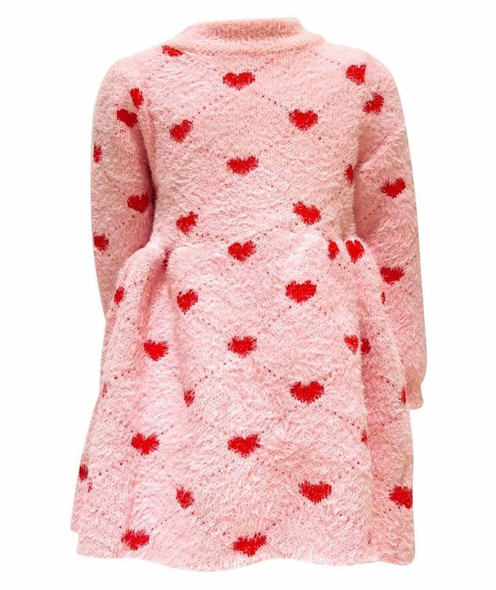 Pink knit sweater dress with red hearts and diamond pattern, shown flat by Lola and the Boys - CAKEWISH.