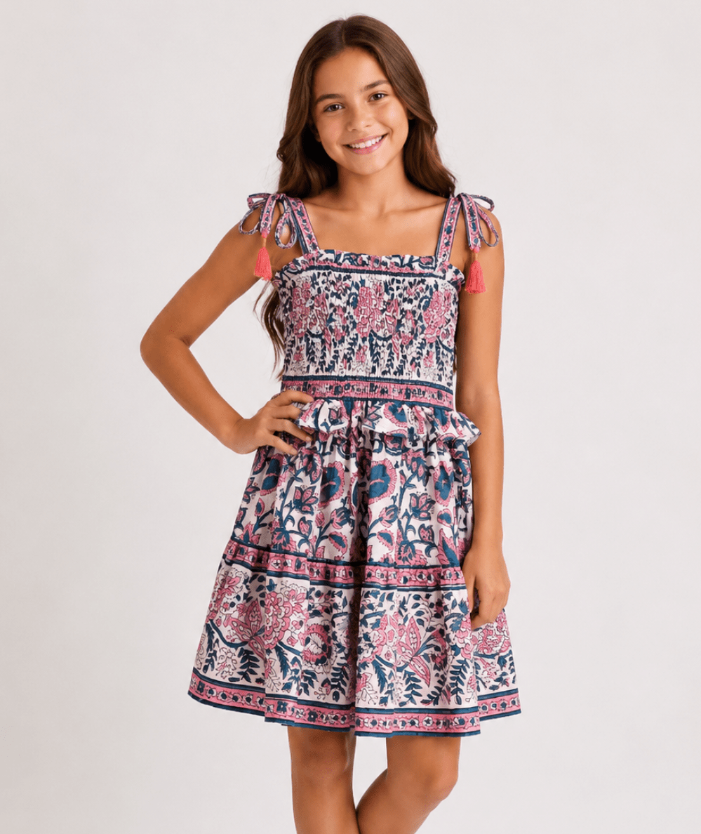 tween mini dress Little Bell Taylor Smocked Bow Strap 14 / Pink And Green DSCLMR:FS; Our Girls Dresses are colors:cherry red Sage Bridesmaid Dress Modest