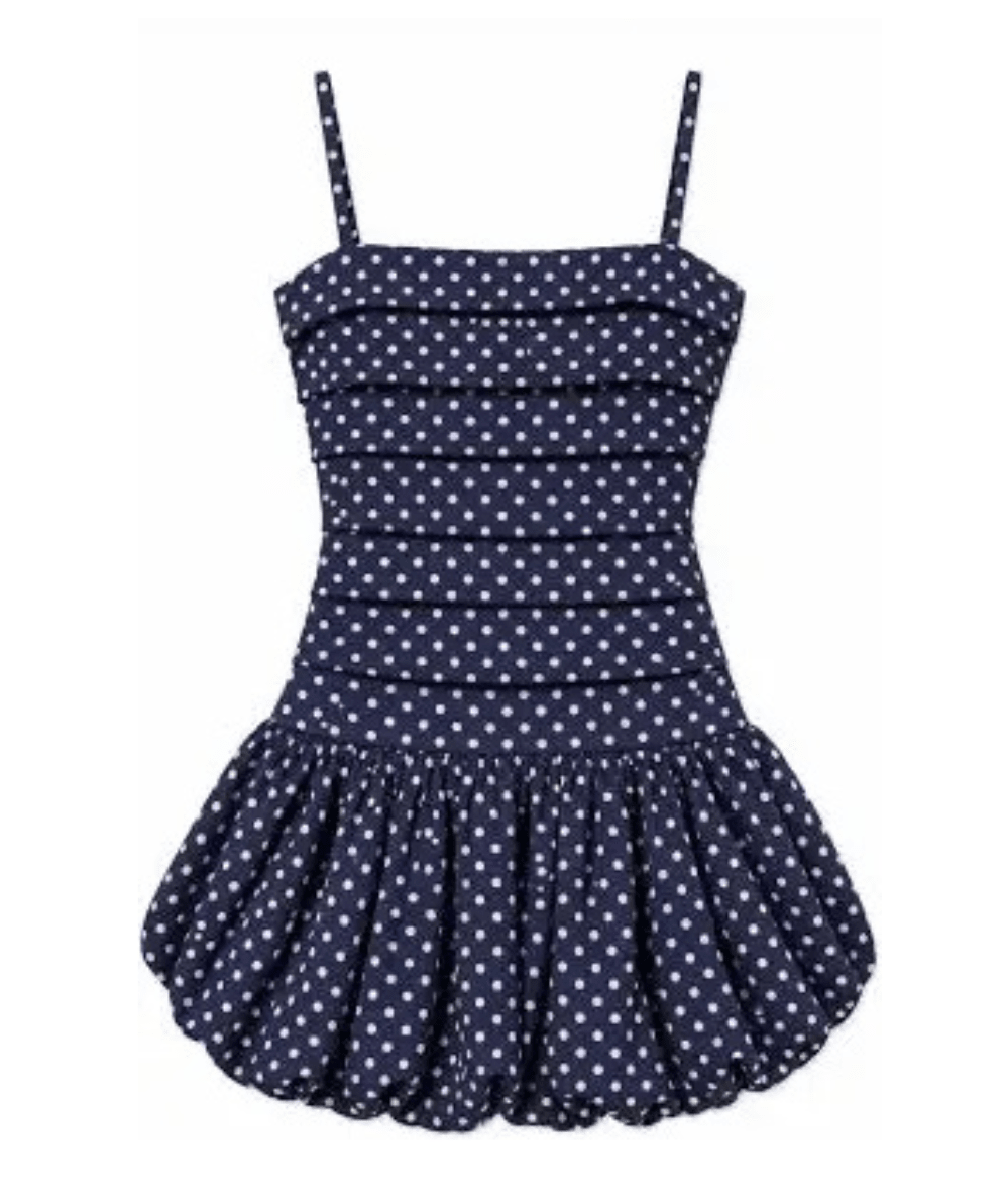 KatieJ NYC Tween Tippy Gathered Bubble Dress in Evening Blue/Pink Dot- CAKEWISH