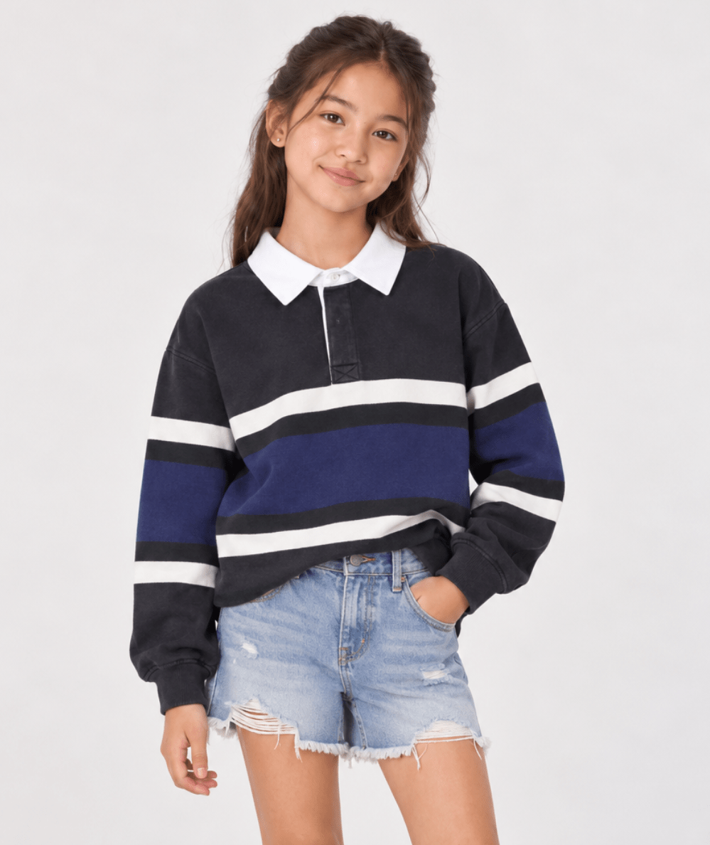 Vintage Havana Tween Heritage Stripe Long Sleeve Polo and KatieJ Nolita Denim Pull On Shorts - CAKEWISH