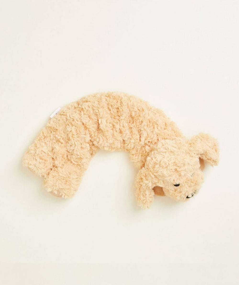 Warmies Golden Dog wrap plush in curly golden fur, curved to drape around the neck - CAKEWISH.