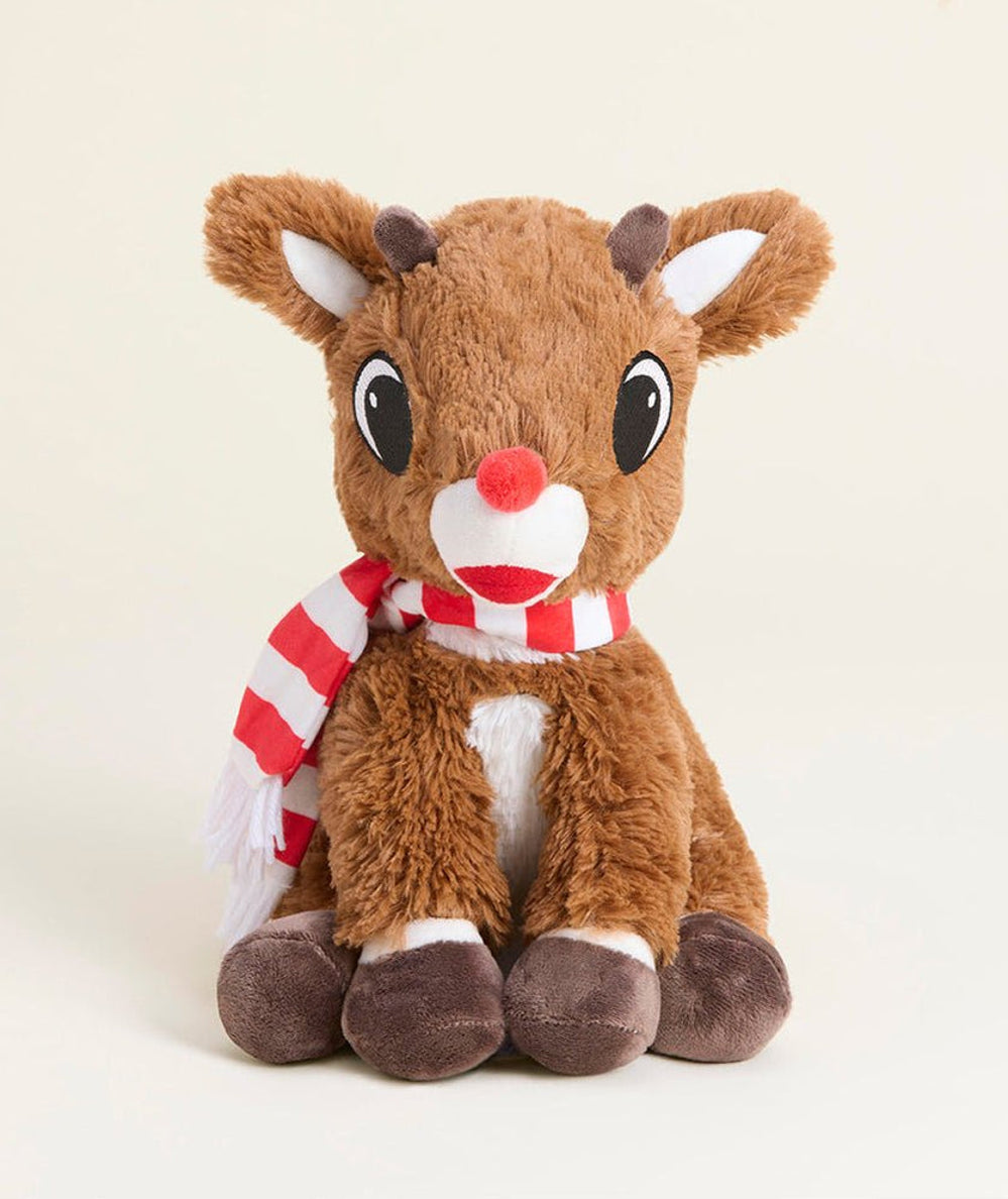 Warmies Rudolph the Red-Nosed Reindeer plush with red nose and red and white striped scarf - CAKEWISH.