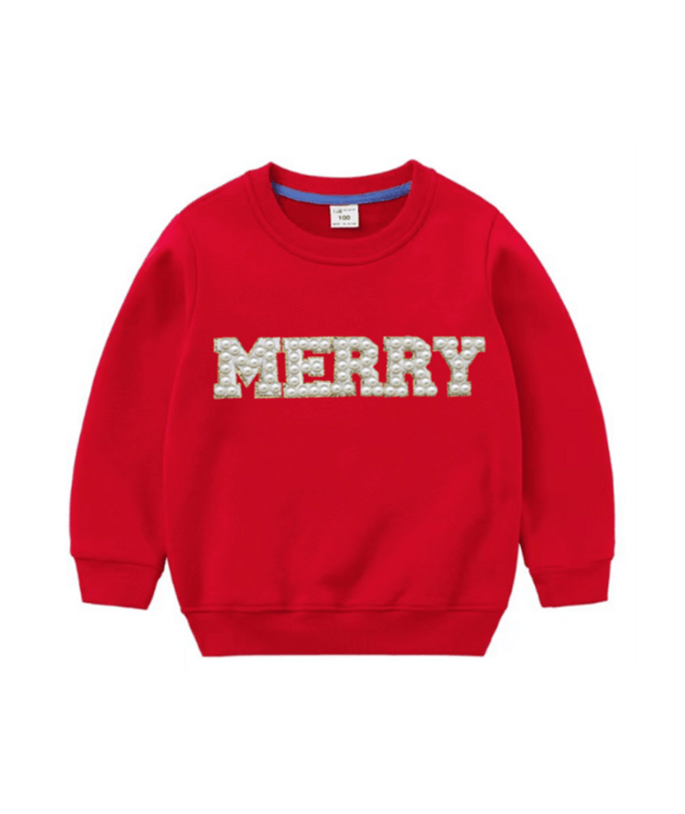 Red women's holiday sweatshirt with MERRY spelled in pearl letters, shown flat by Lola and the Boys - CAKEWISH.