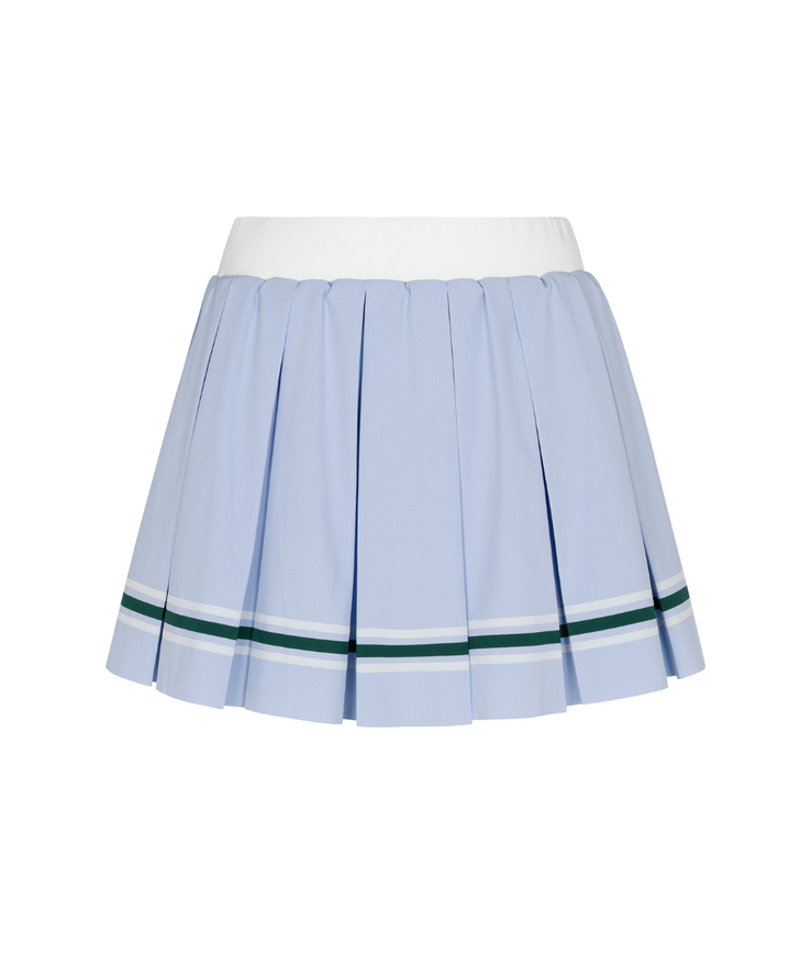 Flat lay of the Powder Blue striped mini pleated skirt by Gold Hinge with green and white hem stripes - CAKEWISH.