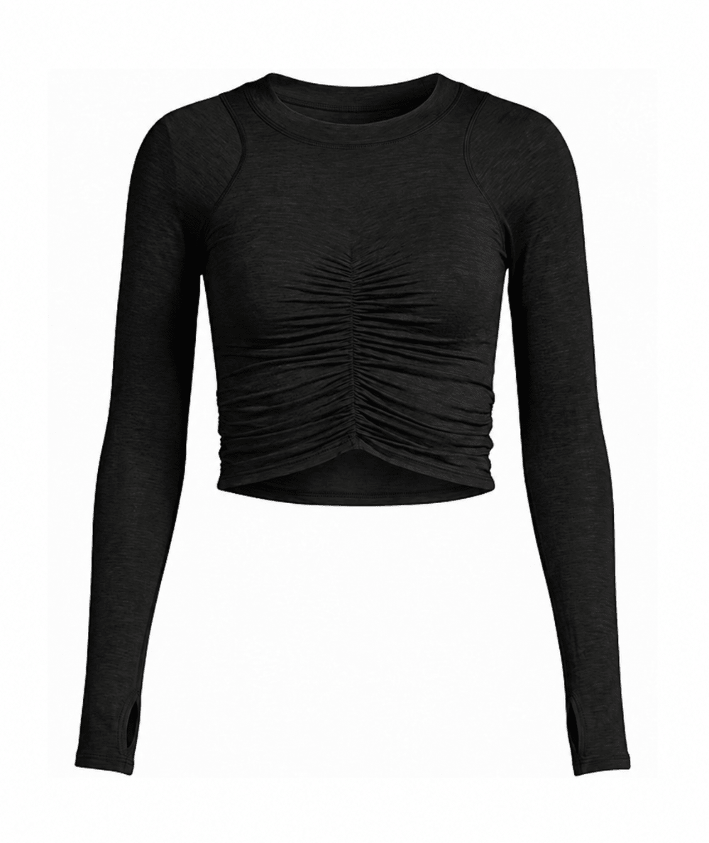 Black Women's Tempo ruched long sleeve workout top with cropped hem by FP Movement - CAKEWISH.
