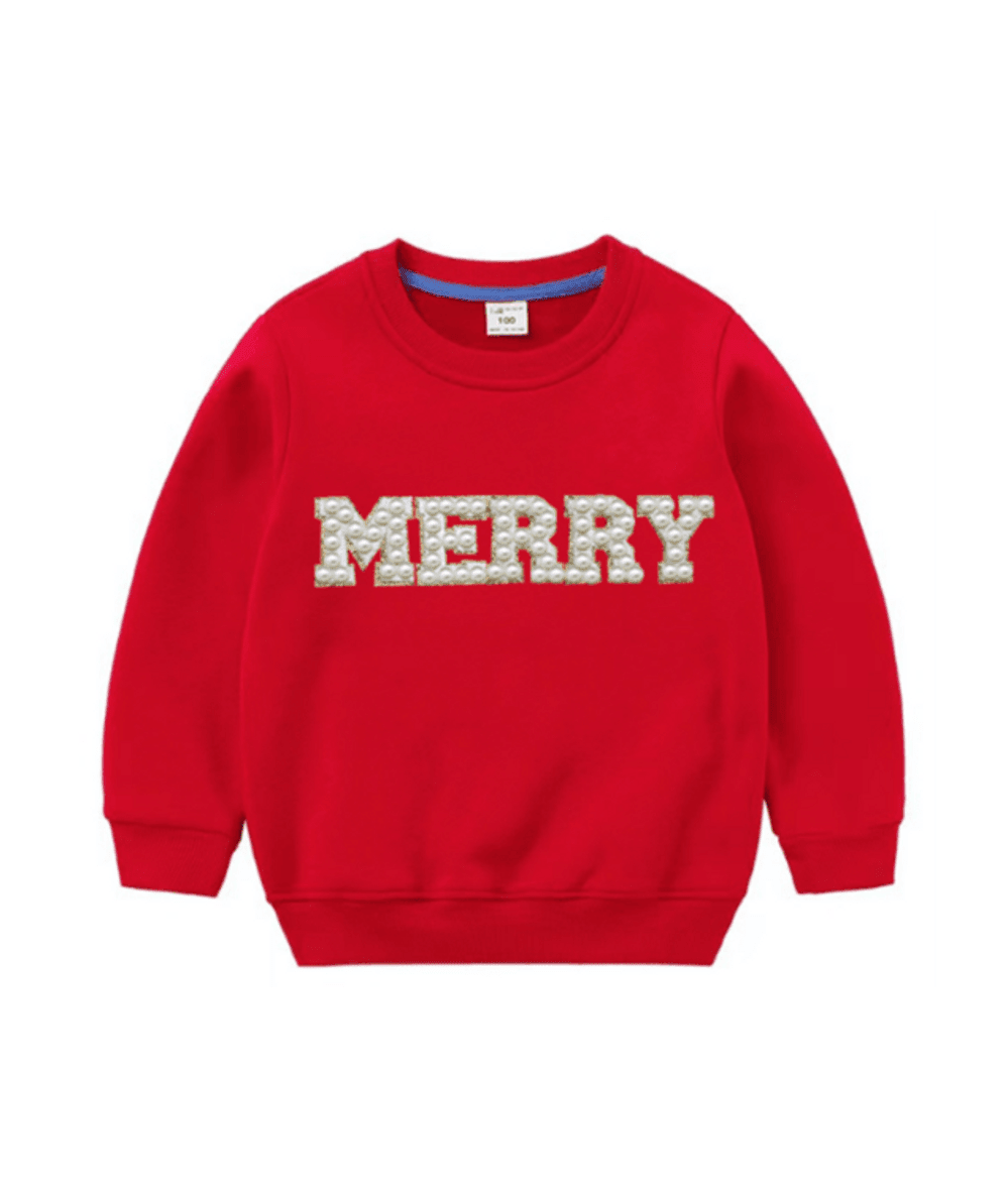 Lola + The Boys Women's Merry Pearl Sweatshirt in Red with MERRY lettering, front view - CAKEWISH