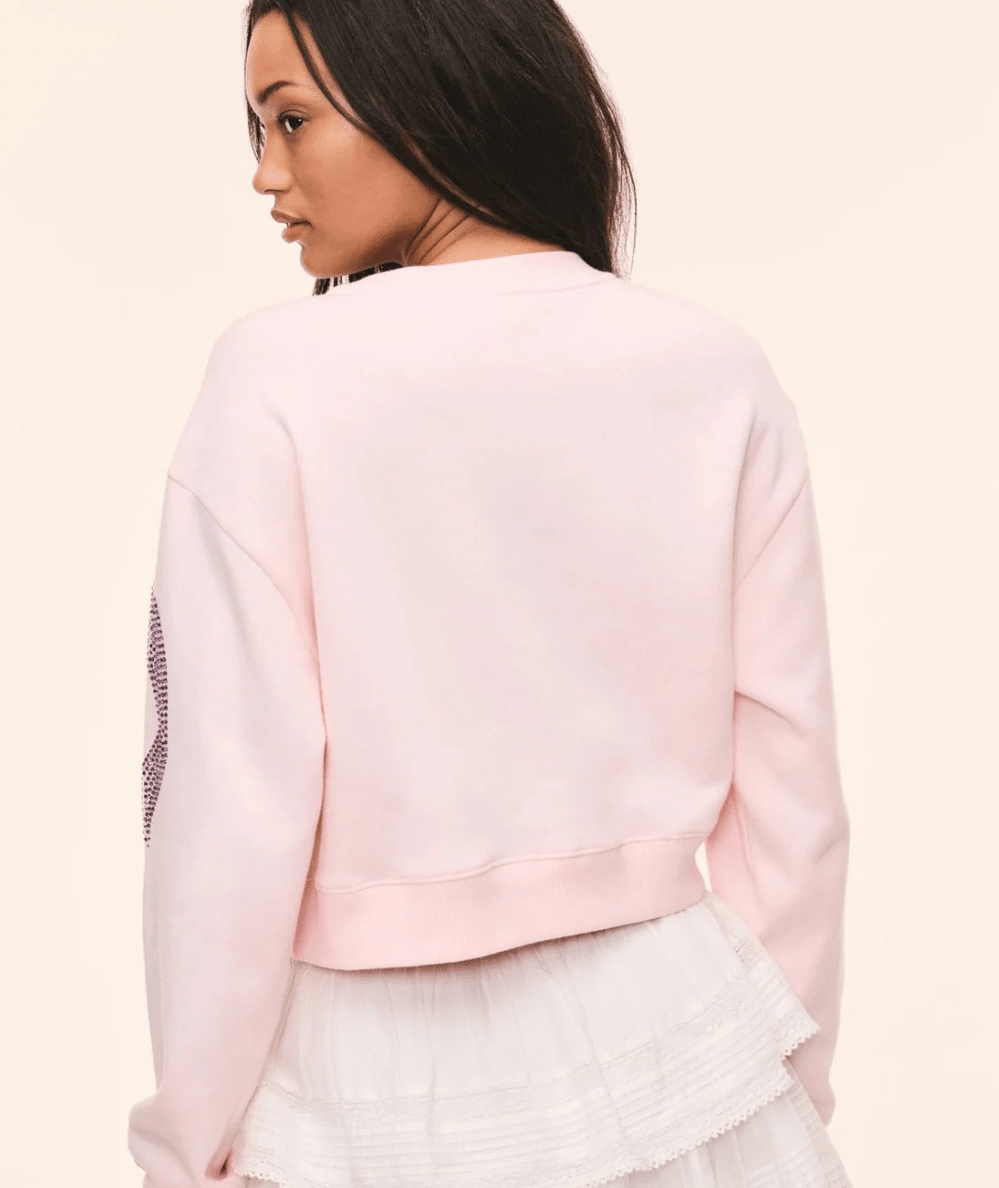 Back view of the LoveShackFancy Women’s Rylan Rhinestone Bow Pink Pullover Sweatshirt - CAKEWISH