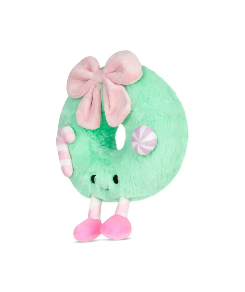 Left side view of the smiling holiday wreath plush character, by Iscream - CAKEWISH