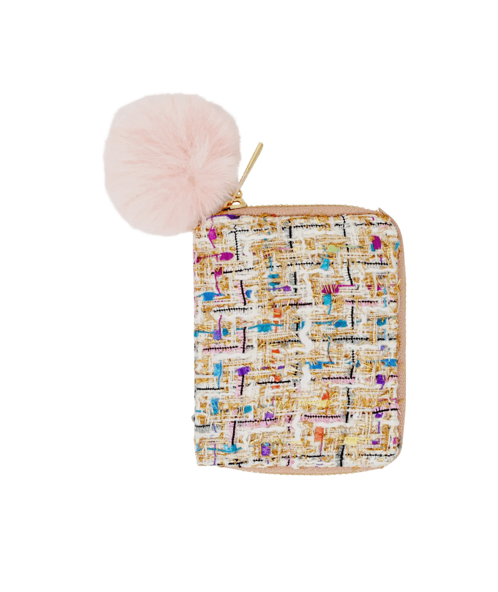 White mix tweed wallet with pom pom charm, a cute gift for girls by Zomi Gems - CAKEWISH.